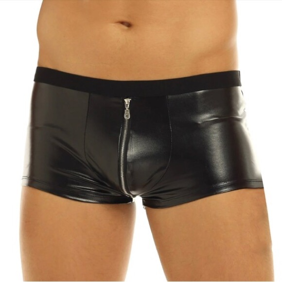 Wet Look Leather Boxer Mens Zipper Open Crotch Pants Men Boxer Shorts - Picture 1 of 5